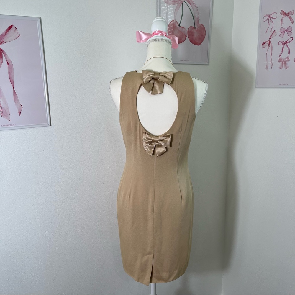Vintage 90s Tan Cream Bow Mini Dress Made In‎ USA Womens Size 4
